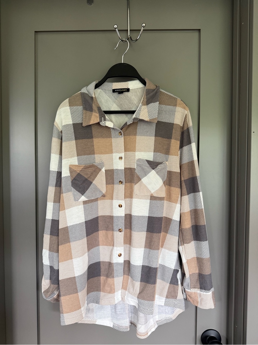 Robert Louis Beige, Gray & White Plaid Button Down Shirt